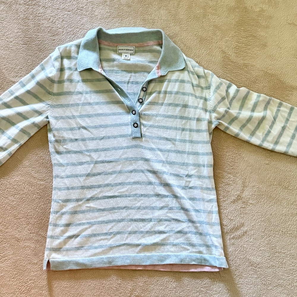 Blue white and pink collared sweater, Pima cotton